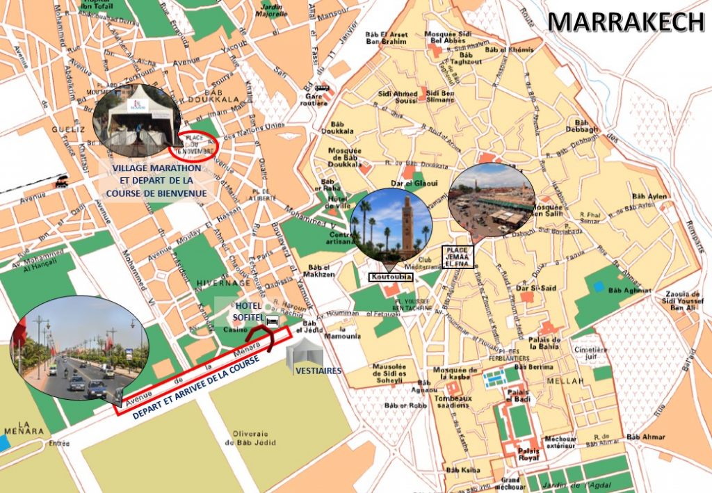 Start and finish of the Marrakech Marathon and Half Marathon (Marathon & Semi Marathon International de Marrakech) 2021
