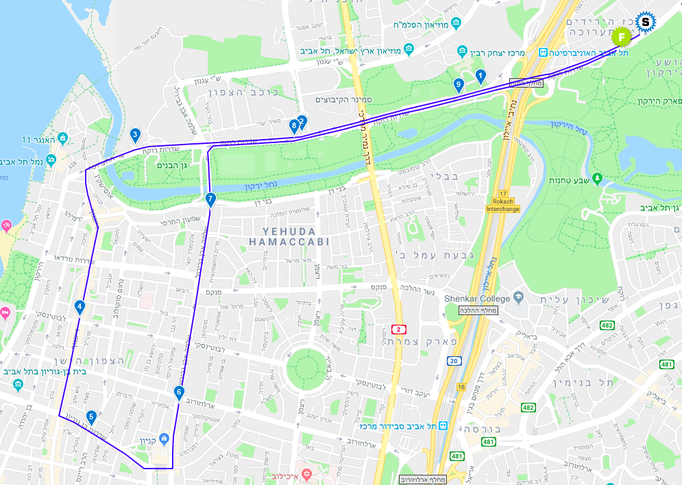 Карта забега на 10 км Тель-Авивского марафона 2019