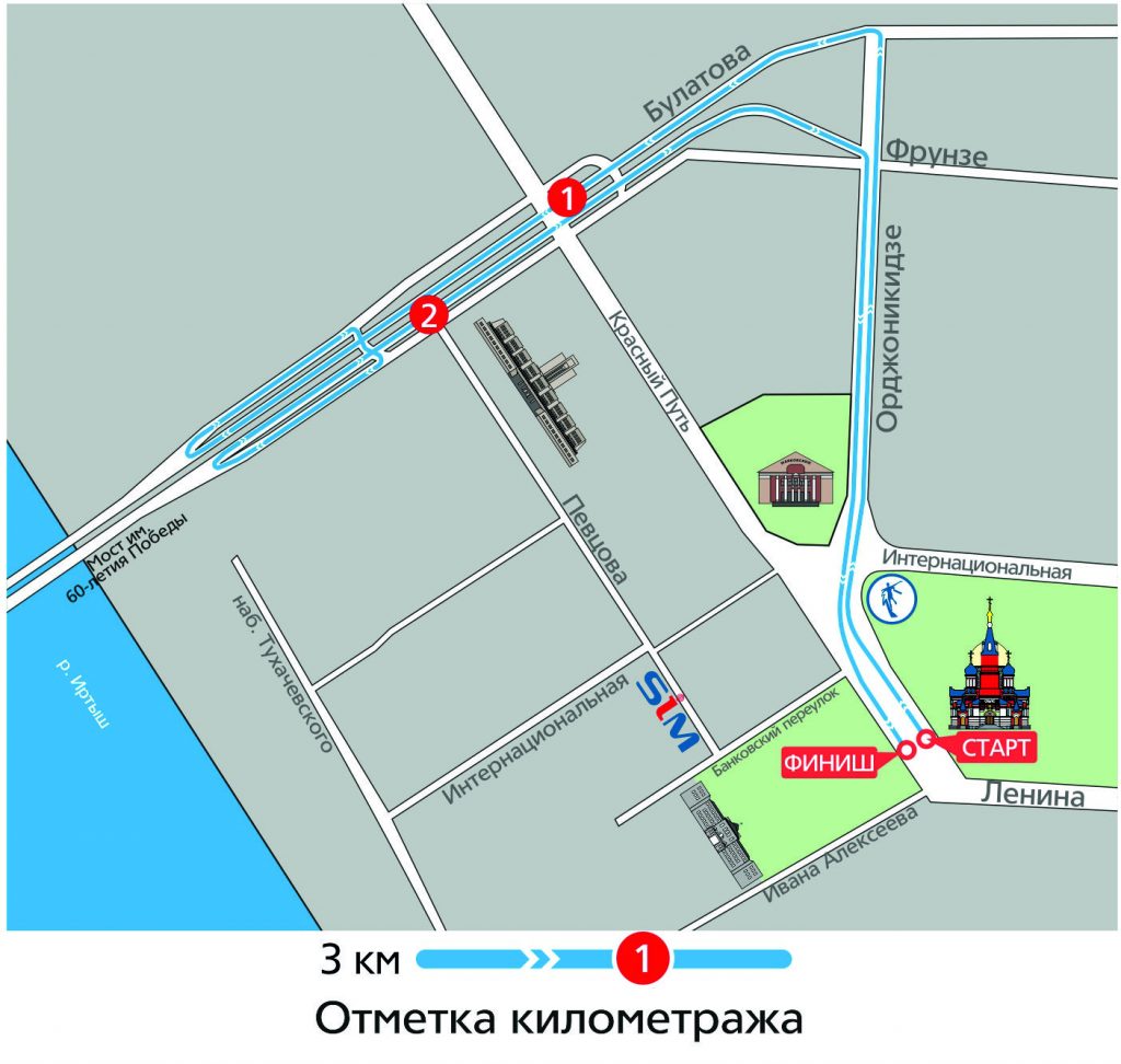 Трасса забега на 3 км в рамках Омского марафона (Сибирский международный марафон (SIM), Siberian International Marathon) 2019