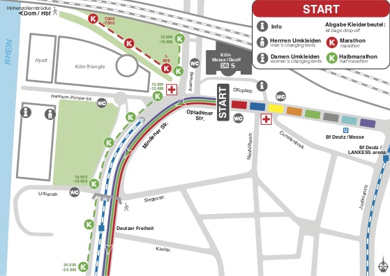 Зона старта Кельнского марафона (RheinEnergie Marathon Köln) и полумарафона (RheinEnergie Halbmarathon Köln) 2019 с делением на стартовые блоки