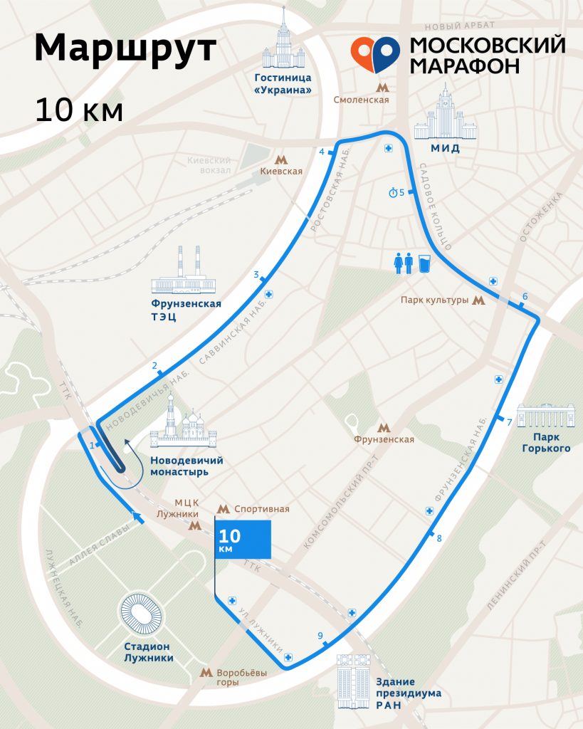 Трасса забега на 10 км в рамках Московского марафона 2019