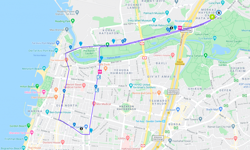 Карта забега на 10 км в рамках Тель-Авивского марафона (מרתון Samsung תל-אביב, Tel Aviv Samsung Marathon) 2021