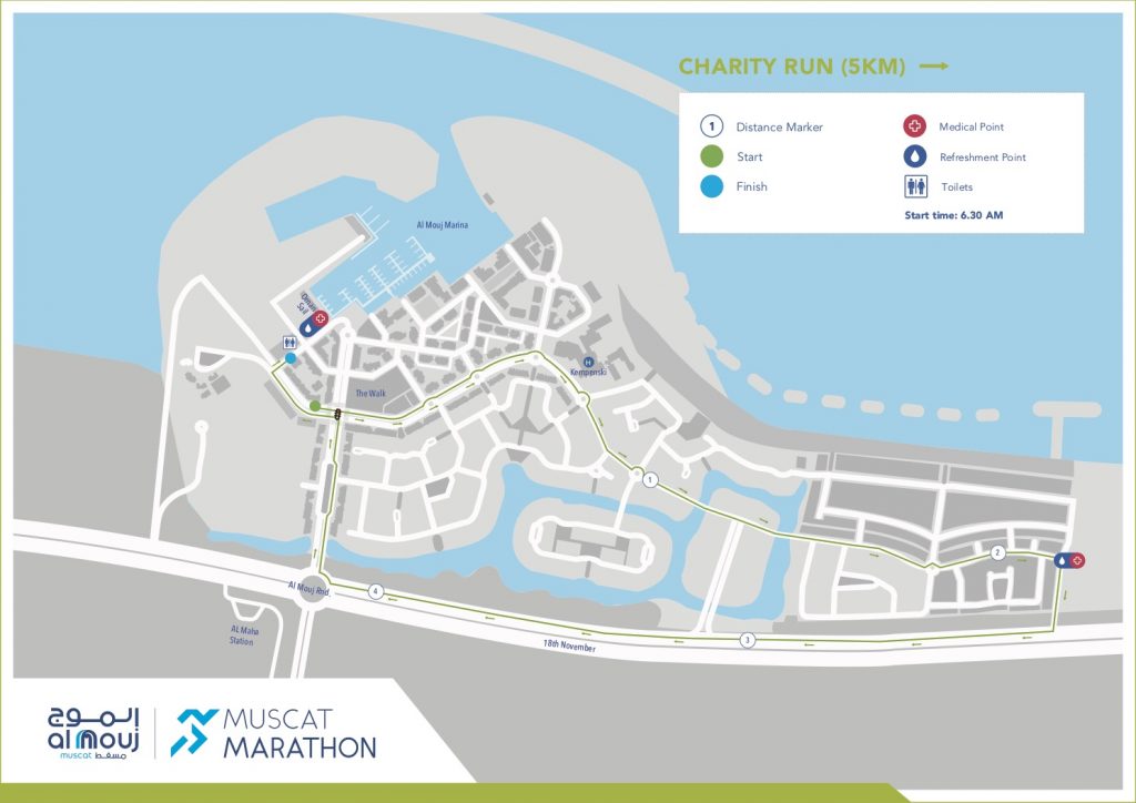 Трасса забега на 5 км в рамках Маскатского марафона (ماراثون الموج مسقط, Al Mouj Muscat Marathon) 2020