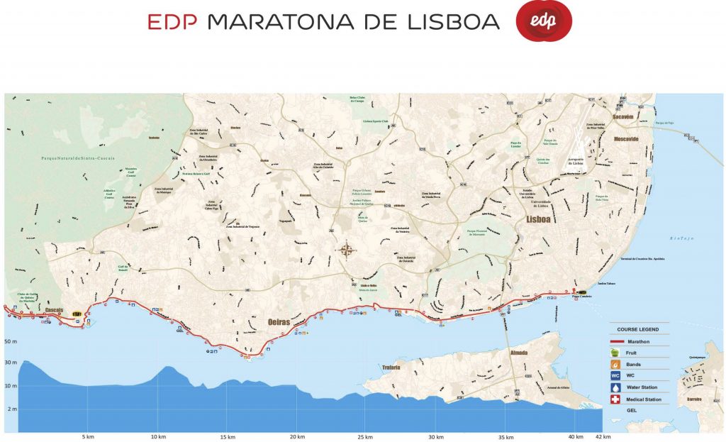 Course of the Lisbon Marathon (EDP Maratona de Lisboa) 2020 with altitude profile