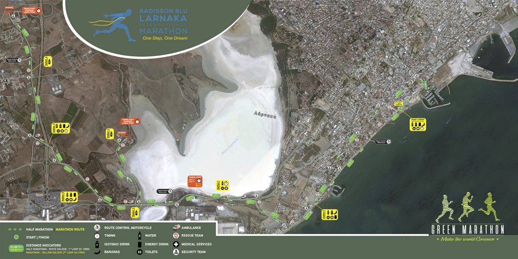Course of the Larnaka Marathon (Radisson Blu Διεθνής Μαραθώνιος Λάρνακας, Radisson Blu Larnaka International Marathon) and Half Marathon 2021: 2 loops for the marathon, 1 loop for the half marathon