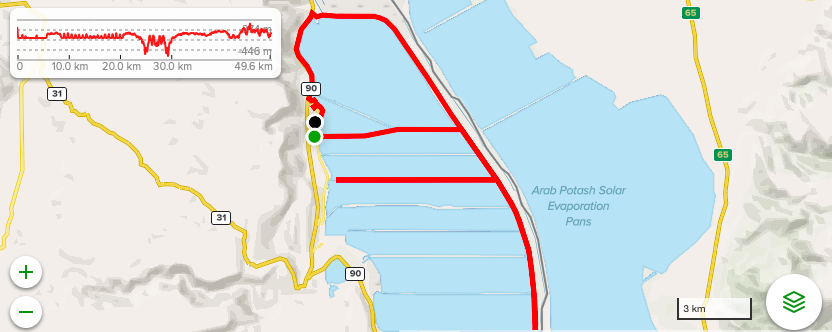 Course of the 31mi/50km race, Dead Sea Marathon by Veridis Israel 2021