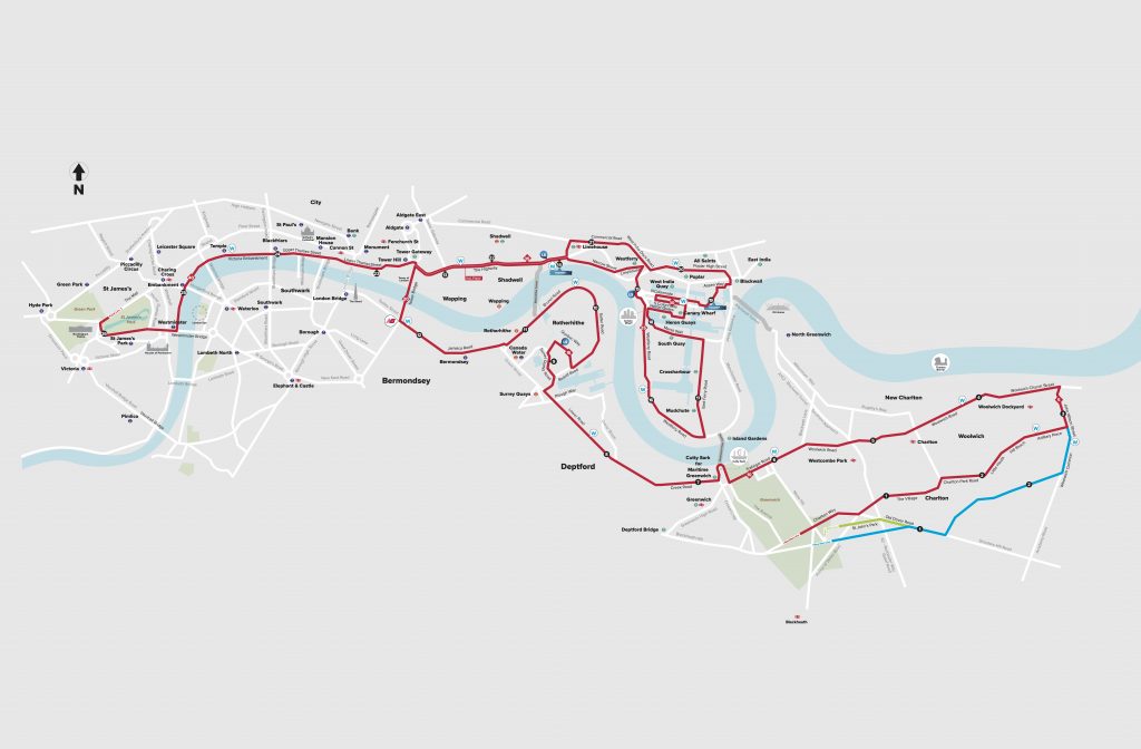 Course of the London Marathon (Virgin Money London Marathon) 2021 with elevation profile