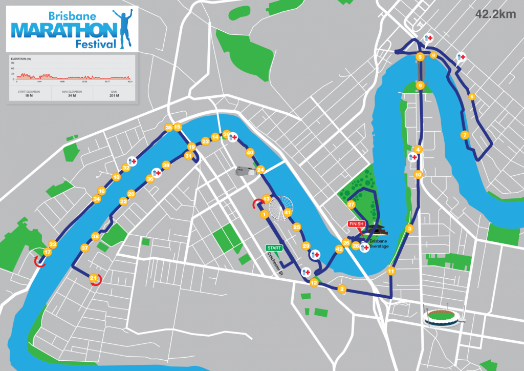 Course of the Brisbane Marathon (Brisbane Marathon Festival) 2021 with elevation map