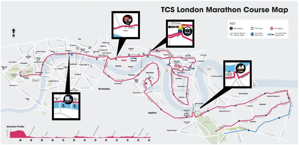 Course of the London Marathon (TCS London Marathon) 2024 with elevation profile
