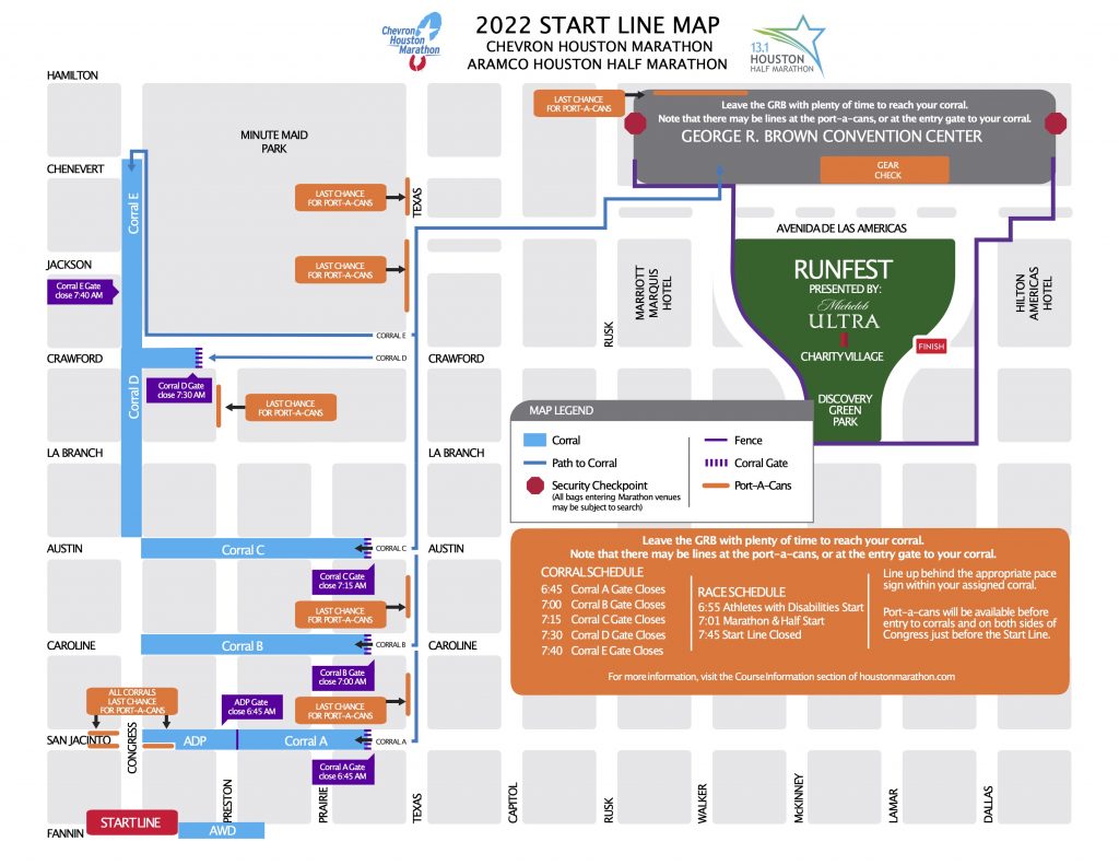 Start zone map, Houston Marathon (Chevron Houston Marathon) and Half Marathon (Aramco Houston Half Marathon) 2022