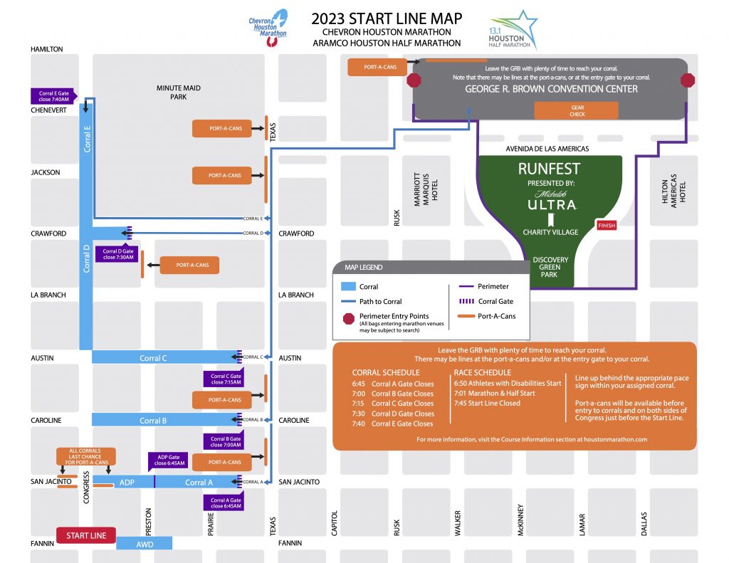 Start zone map, Houston Marathon (Chevron Houston Marathon) and Half Marathon (Aramco Houston Half Marathon) 2023