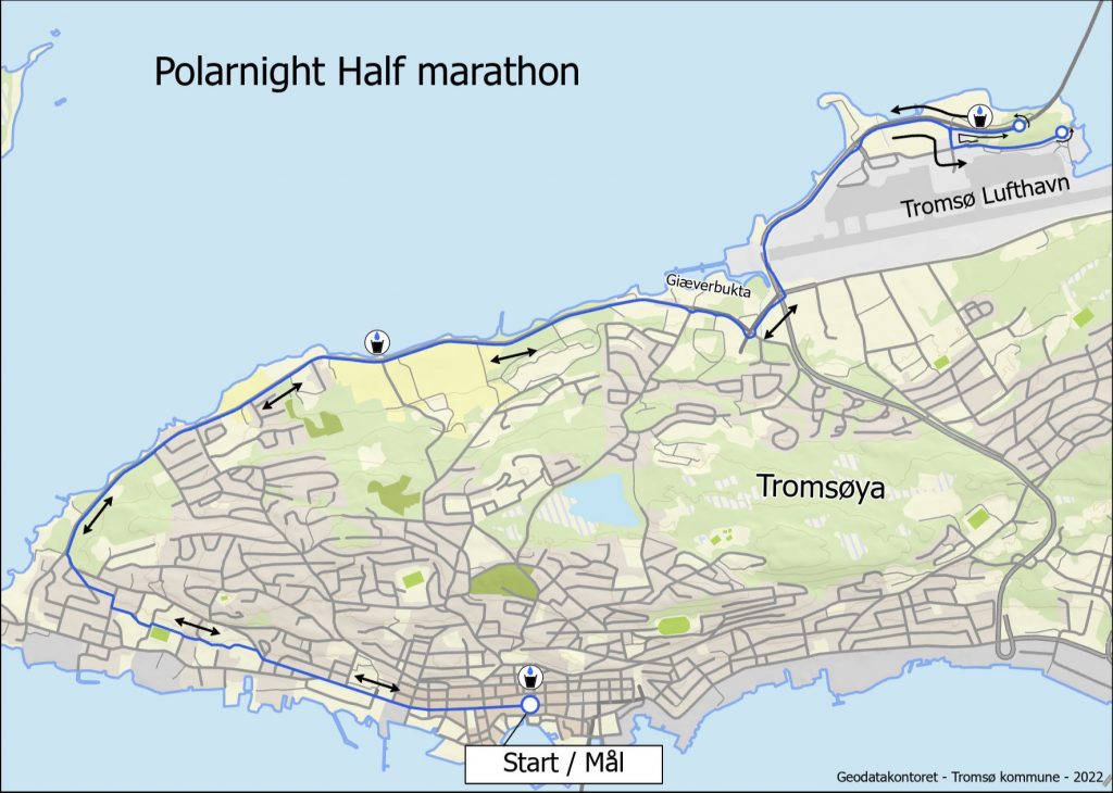 Course of the Tromsø Half Marathon (PolarNight Halfmarathon) 2024