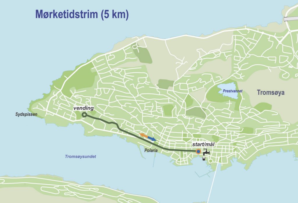 Course of the 3.1mi/5km race, Tromsø PolarNight Marathon 2024